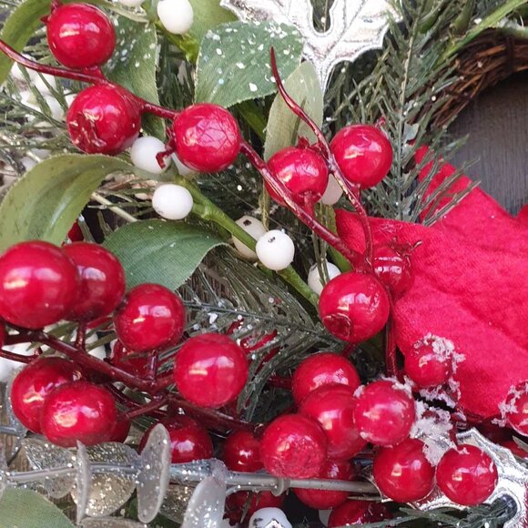 Christmas Handmade Red Flower Silver Wreath Home Office Decor Door Wall Hanger - Picture 5 of 8